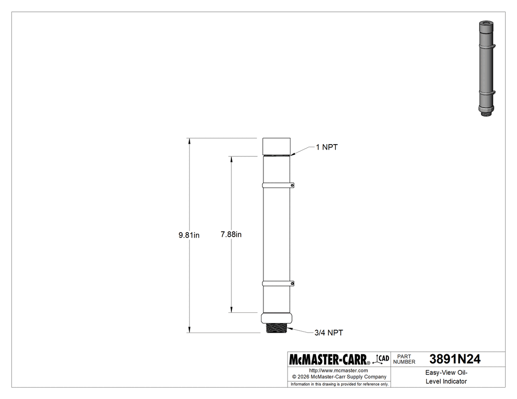 Technical Drawing of Easy-View Oil-Level Indicator, 3/4 NPT Male Thread, 9-13/16" Overall Height.